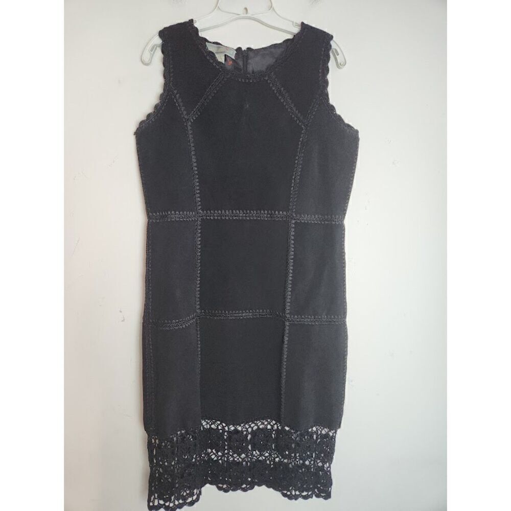 S.M.H Whimsygoth Cocktail Black Suede w/ Floral Crochet Detail Shift Dress sz 8